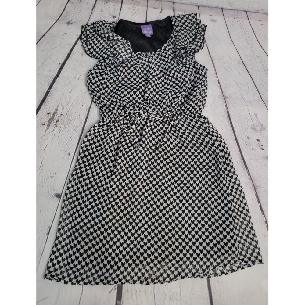 Bebop Dress White Black Hearts size Med Ruffled Sleeveless Cinched Tie Waist